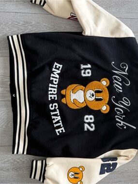 Forever 21 Black and Cream Varsity Jacket with Teddy Patch